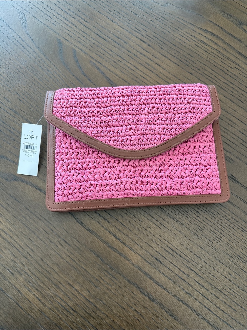 LOFT Pink Woven Envelope Clutch with Tan Trim